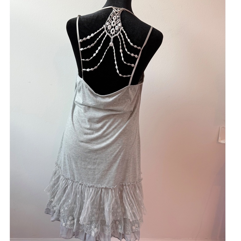 A'reve Anthropology Gray Crochet Lace Back Ruffle Hem Boho Mini Dress L AA2056